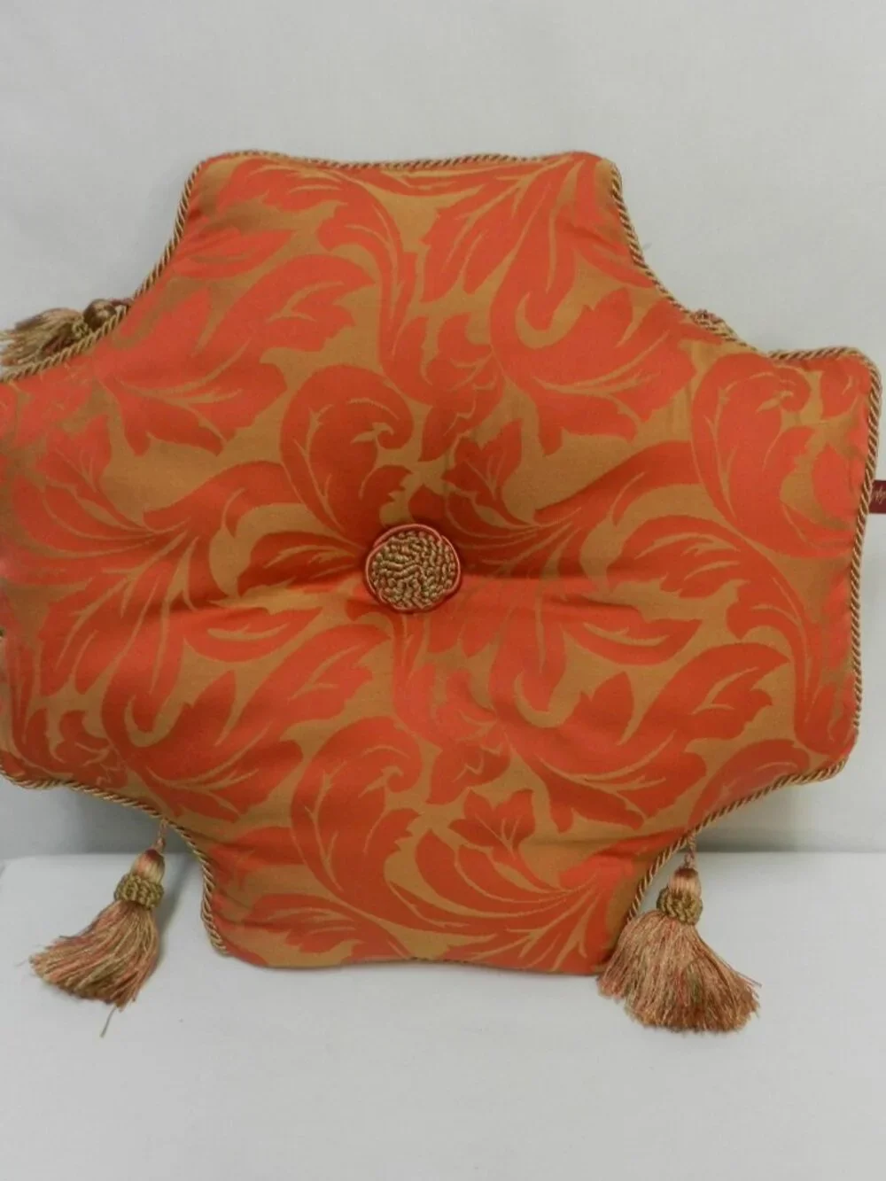 Serendipity Demask Throw Pillow Set 3 w/ tassels orange brown velvet back Decor